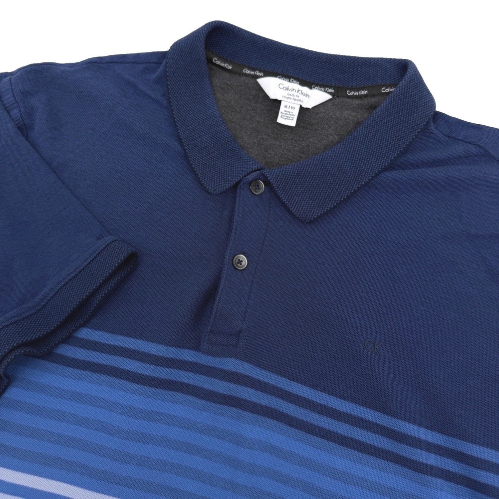 Calvin Klein Polo Shirt Mens XL Blue Striped Cotton Slim Body Fit Short Sleeve